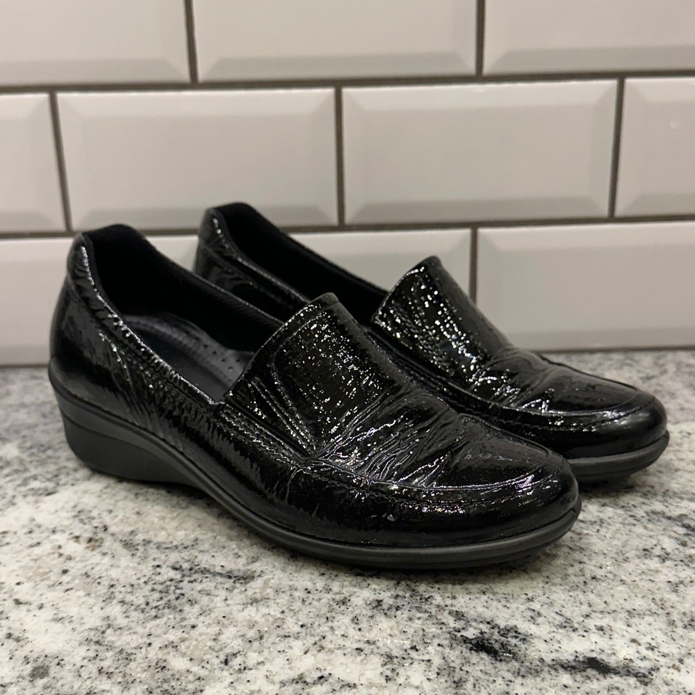 ECCO Women 36 Patent Leather Slip On Wedge Loafer Black Shock Point Professional
